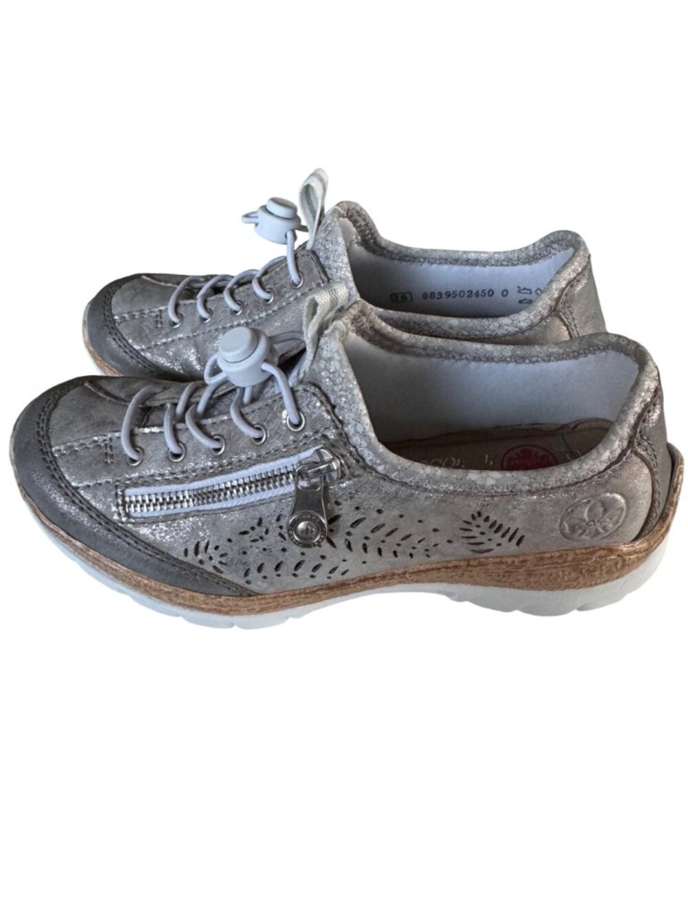 Rieker Nikita Trainer Womens Silver Leather Sneakers 36 US 6 Side Zipper Lace-Up - Picture 2 of 12